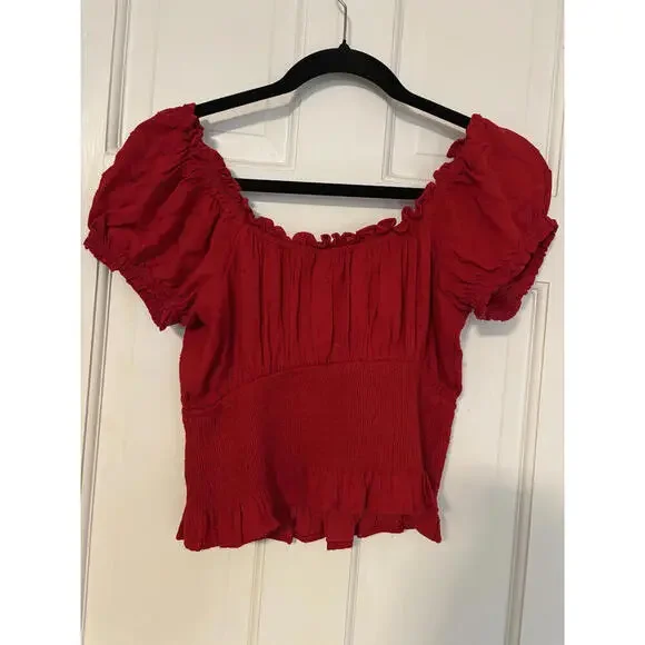NEW Hollister Red Smocked Waist Short Sleeve Peasant Top L - Picture 5 of 6
